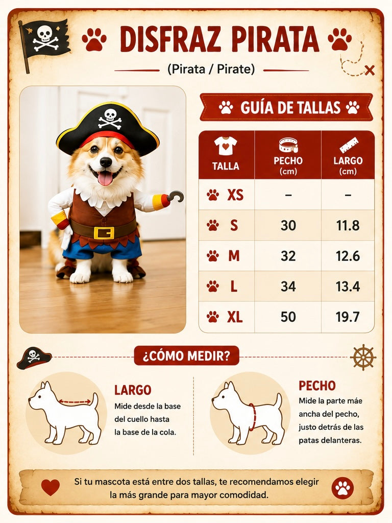 Tabla de tallas Disfraz de Pirata Mascotas | Luboca