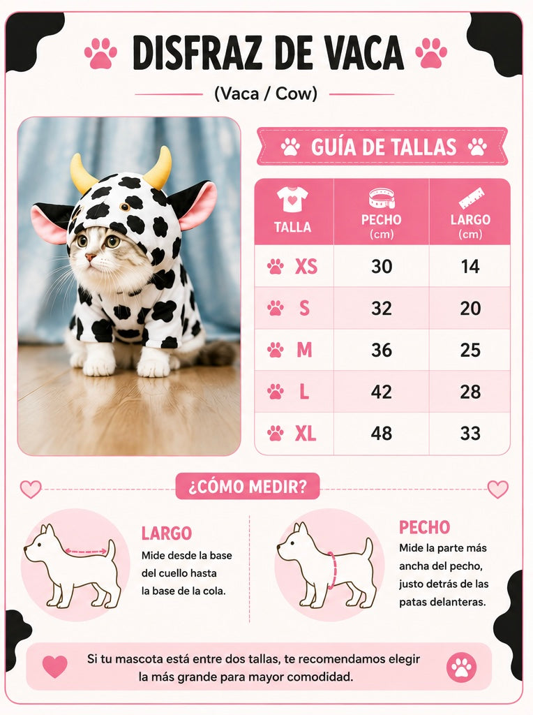 Tabla de tallas Disfraz de Vaca Mascotas | Luboca