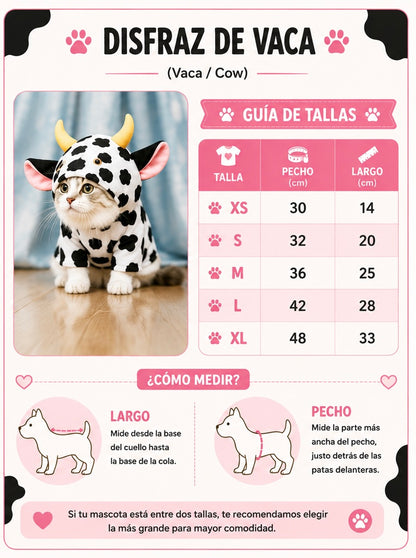 Tabla de tallas Disfraz de Vaca Mascotas | Luboca